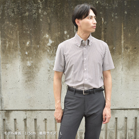 【日本製】 ワイシャツ メンズ 半袖 ビジネス 形態安定 速乾 ノーアイロン ストライプシャツ ボタンダウン ネイビー(SHKN24-063-na)